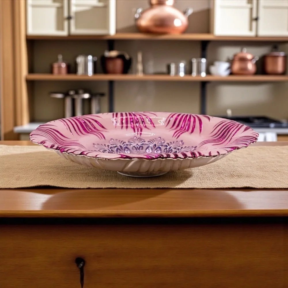 Turkish EFE Glass Bowl Pink & Silver Embossed, 8” Wide, 2” Deep